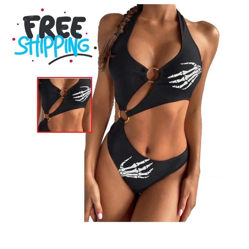NEW Swimsuit Monokini Bikini 1 Piece, Skeleton Hands Gothic Swim Size Large